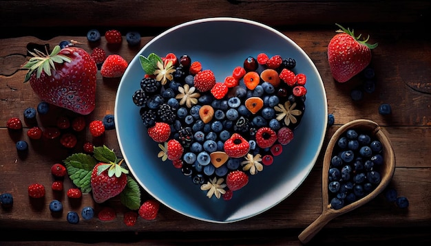 Berries mix close up assorted forest fruit arrangement in heart shaped plate