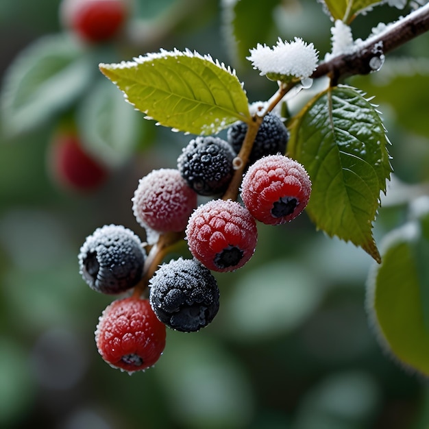 Photo berries on a tree with a green leaf and a black berry on the branch