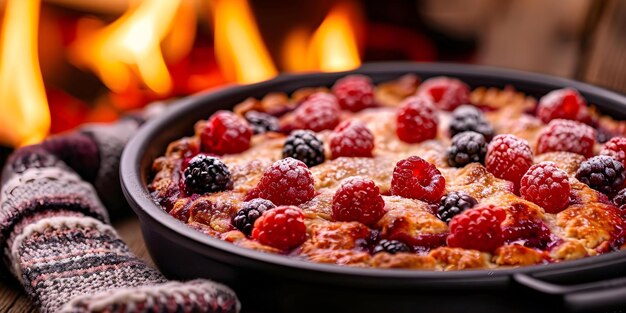 Photo berry cobbler in black dish being removed from oven by person wearing oven mitts near glowing fire concept baking and dessert homemade treats comfort food food photography cooking at home