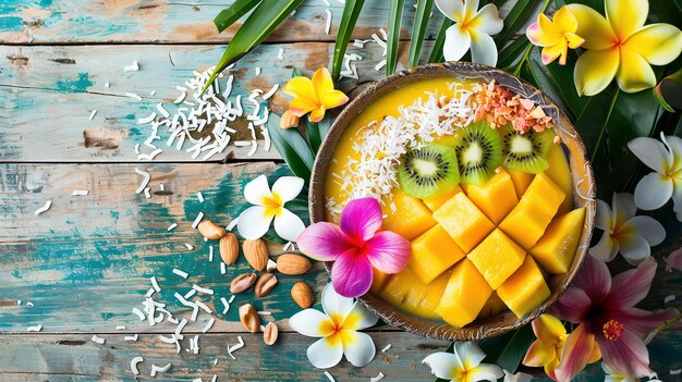 Photo berry and fruit smoothie in a deep bowl is decorated with mango slices coconut and crunchy peanuts