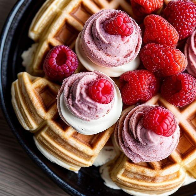 Berry ice cream waffle cones and fresh berries