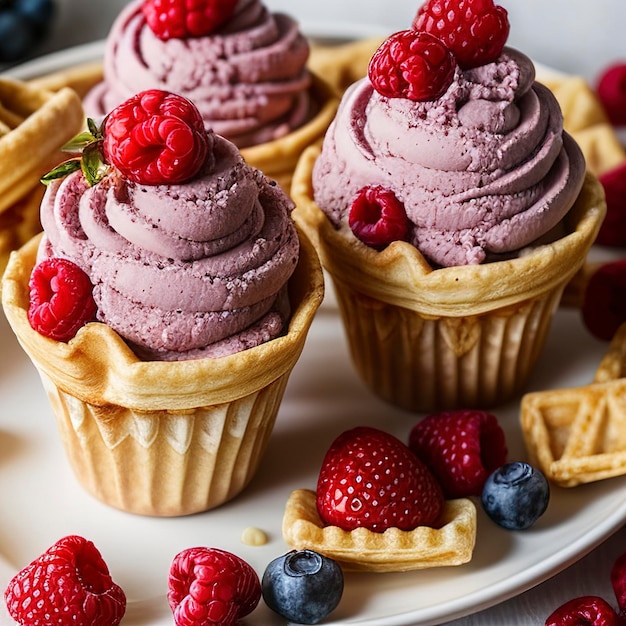 Berry ice cream waffle cones and fresh berries