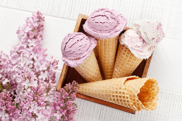 Berry ice cream in waffle cones