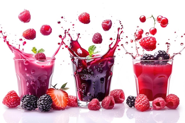 Berry juice splashes fruit and berry compote splash collection isolated on white background