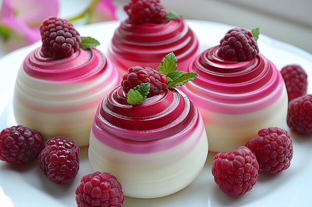 Berry mousse domes with fresh raspberries on a white plate