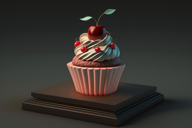 Berry muffin cupcake on a podium on dark background illustration Generative AI