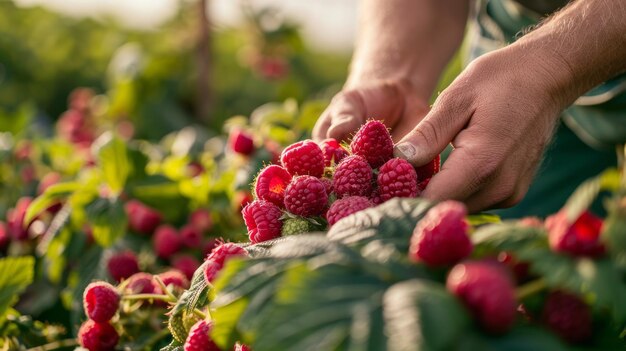 Photo berry patch with hands harvesting plump raspberries