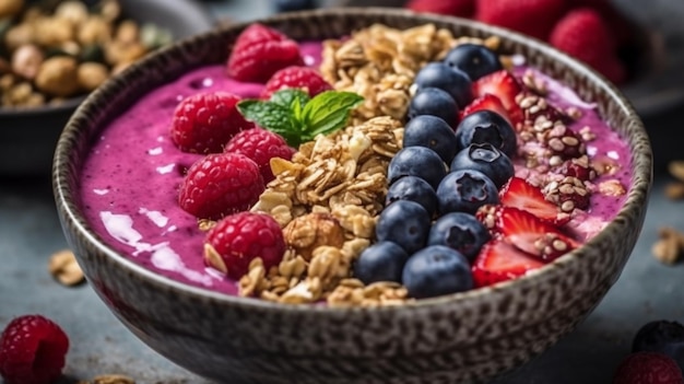 Berry smoothie bowl with granola coconut and hemp seeds white marble background Generative AI