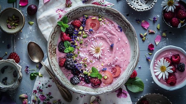 Berry smoothie made from fresh ripe strawberries raspberries blackberries in a deep bowl decorated with mint leaves