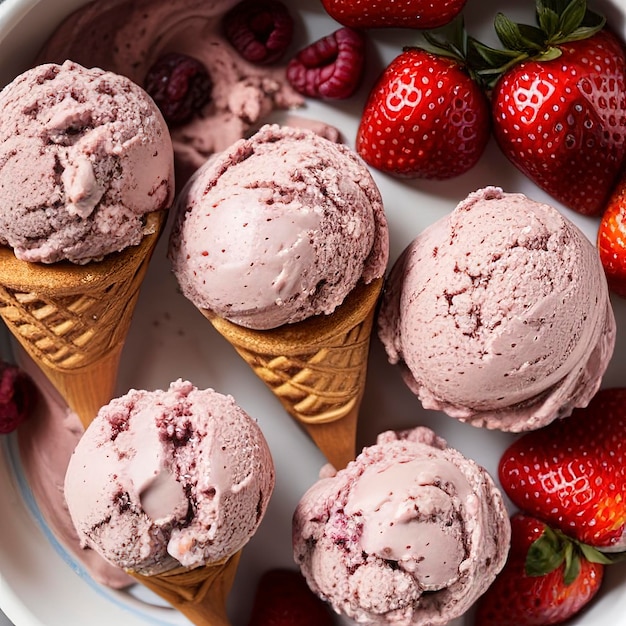 Berry vanilla and chocolate ice cream scoops