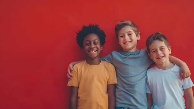 Best children friends standing with hand on shoulder against red background Happy sm Generative AI