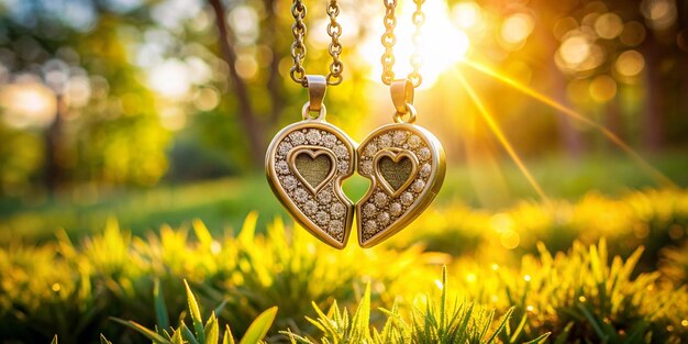 Photo best friend heart necklace close up shot on sunny summer day