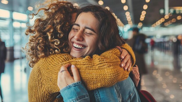 Photo best friends embracing at airport for joyful reunion