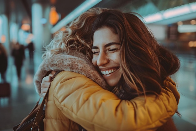 Photo best friends embracing at airport for joyful reunion