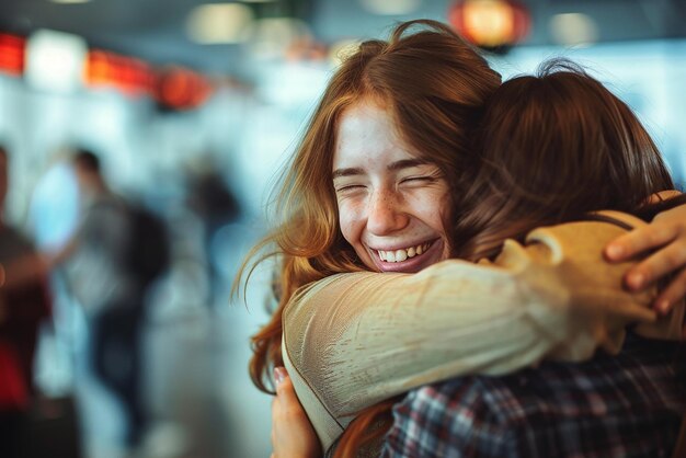 Photo best friends embracing in bustling city square