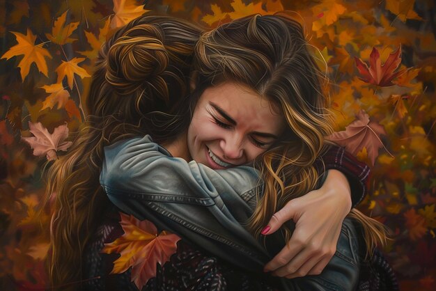 Best Friends Embracing in Colorful Autumn Park