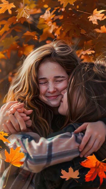 Best Friends Embracing in Colorful Autumn Park