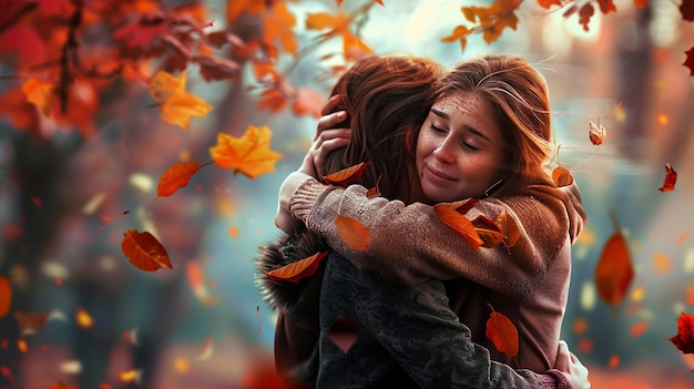 Best Friends Embracing in Colorful Autumn Park