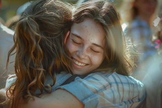 Photo best friends embracing at high school reunion