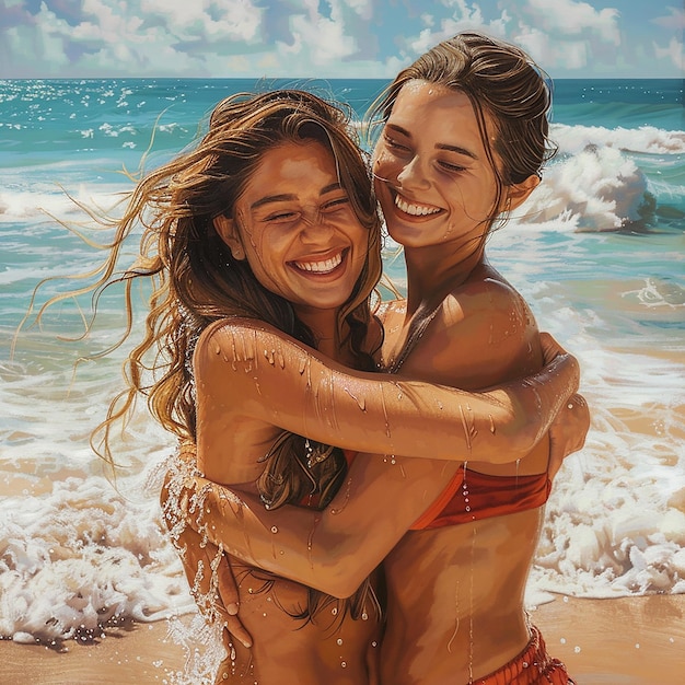 Best Friends Embracing on Sunny Beach