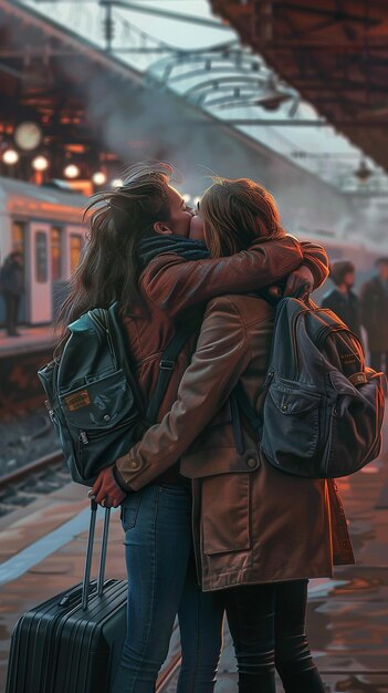 Best Friends Embracing at Train Station