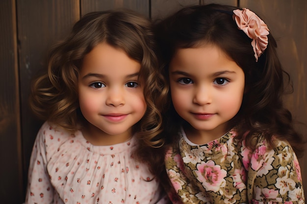 Best friends posing in a cute way on a wooden background