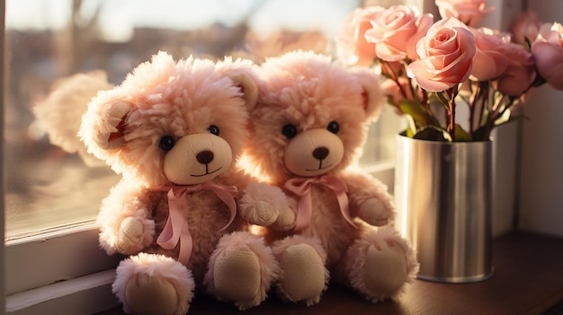 Best friends teddy bear and bunny toy sitting on window sill hugging each other