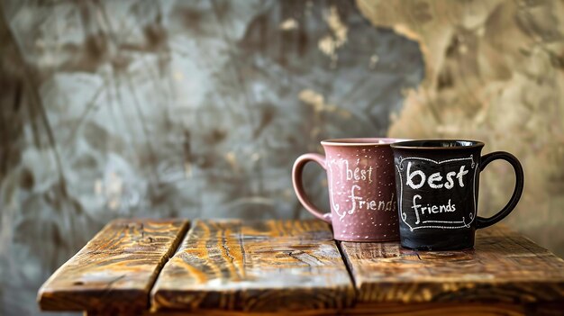 Best friends words written on chalkboard coffee mugs on a wooden table Idea of Friendship Day Generative AI