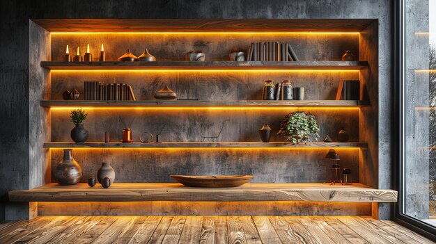 Photo best image quality luxurious wooden shelf with light hyper realistic office interior wooden shelf