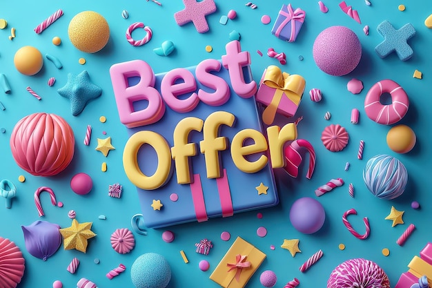 Best offer text made of colorful letters on bright blue background surrounded by creative candy gift box and party decorations