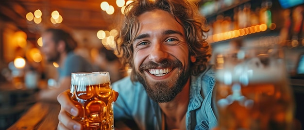 Best pals together sipping beer and chitchatting in a city pub