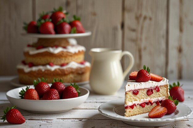 Photo best tasty strawberry cake on white wooden table shortcakes image ai generate image