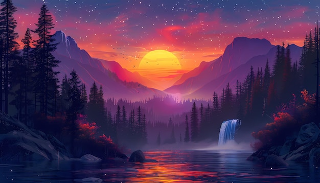 beutiful nature landscape illustration sunset view on montain with lake and waterfall