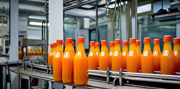 Beverage factory interior Conveyor with bottles for juice or water Modern equipments