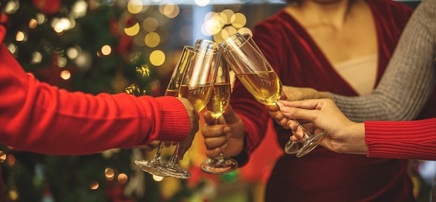 Beverage glasses clinking moment by cheerful woman friends on sweater as enjoy celebrating happy relationship at delightful event of Chirstmas night party. Add some noise to fit vintage-style image.