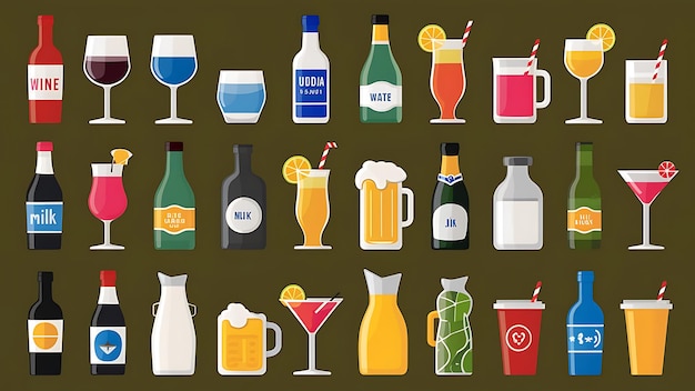 Photo beverages cocktails and drinks flat icons of wine and beer vodka and water soda and juice milk and champagne bottles beer tankards and cocktail glasses lemonade and milk jugs takeaway paper cups