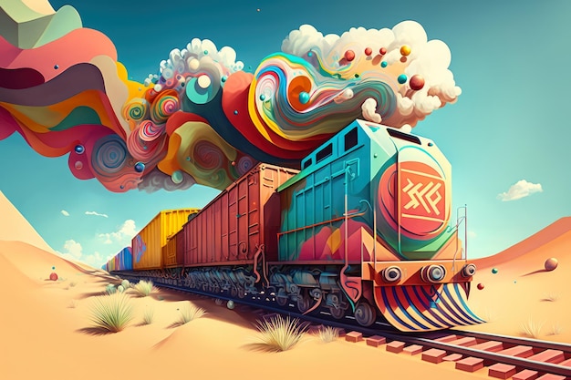 Beyond the Tracks Imaginative Illustration of a Train Carrying Colorful Containers Through