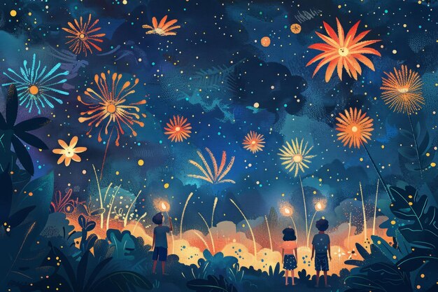 BFireworks light up the night sky over a tropical island