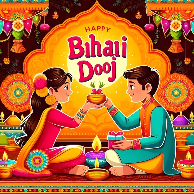 Bhai Dooj cartoonstyle illustrations of a brother and sister