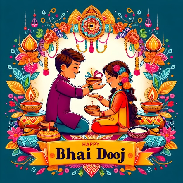 Bhai Dooj cartoonstyle illustrations of a brother and sister