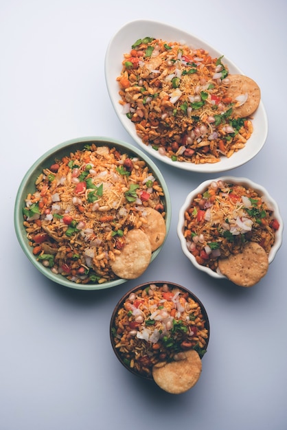 Bhelpuri Chaat or chat is a road side tasty food from India, served in a bowl or plate. selective focus