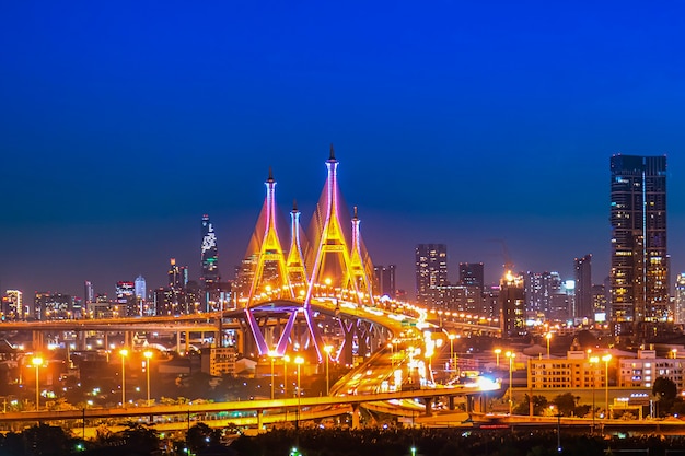 The Bhumibol Bridge (Industrial Ring Road Bridge) (Bangkok, Thailand) Beautiful view at twilight, Bangkok Expressway