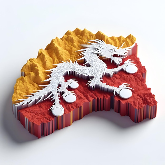 Bhutan 3d render map Bhutan country map with its flag isolated on it 3d illustration design