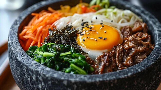 Photo bibimbap rice in stone bowl stone baked