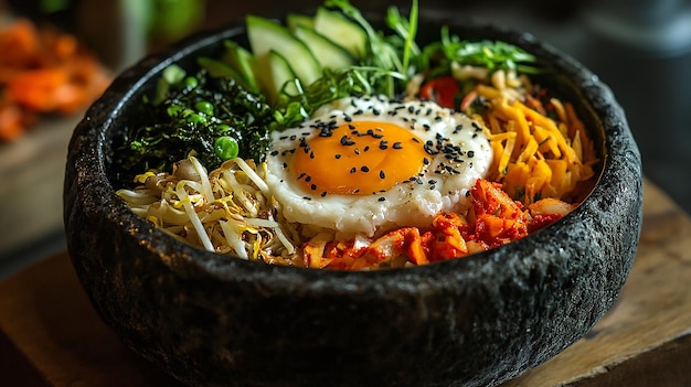 Photo bibimbap rice in stone bowl stone baked