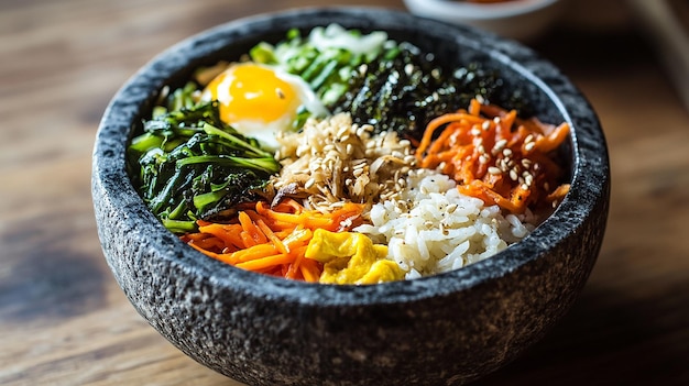 Photo bibimbap rice in stone bowl stone baked