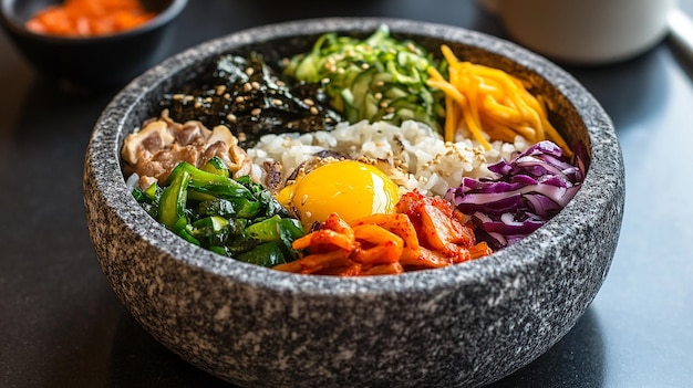 Photo bibimbap rice in stone bowl stone baked