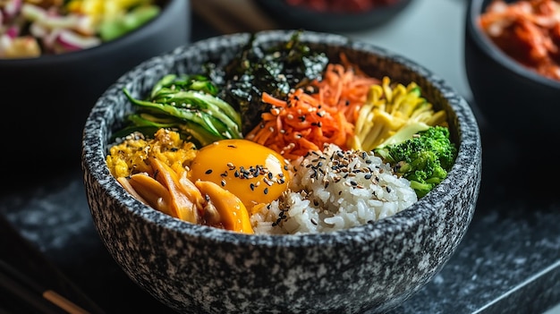 Photo bibimbap rice in stone bowl stone baked