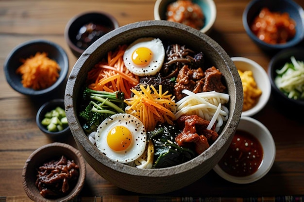 Photo bibimbap in stone pot with assorted side dishes generated by ai