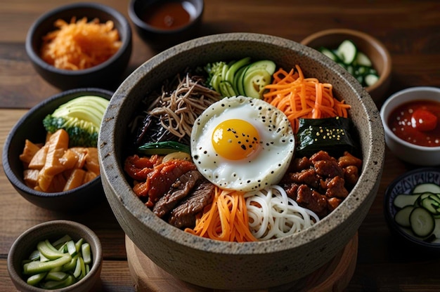 Photo bibimbap in stone pot with assorted side dishes generated by ai